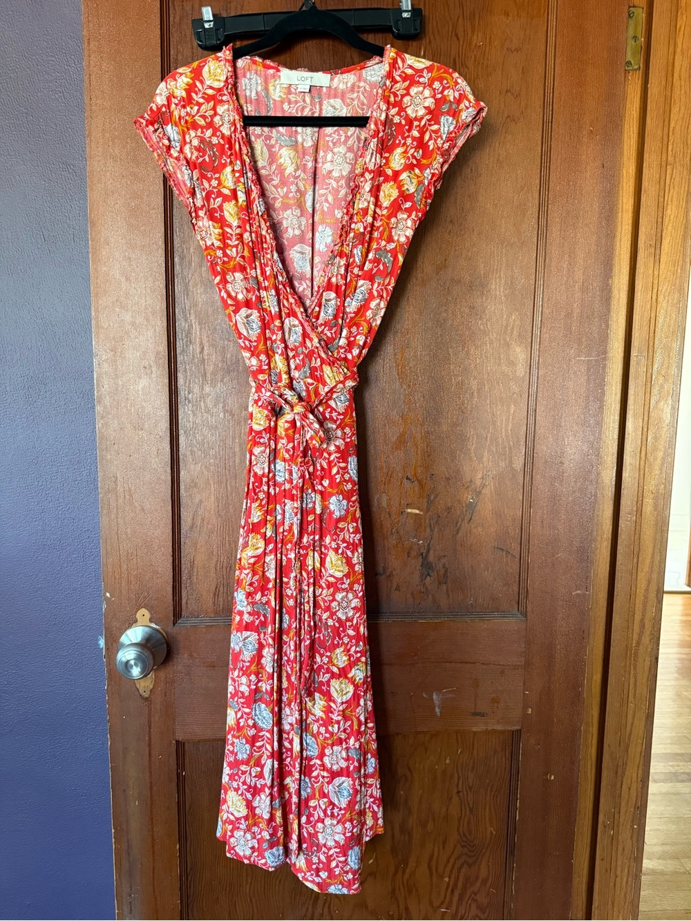 LOFT Red Floral Tie-Waist Maxi Dress